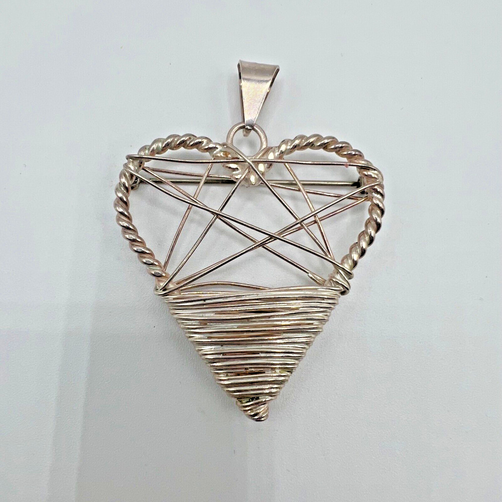 Handmade Artisan Sterling Silver Wire Heart Pendant Brooch Pin